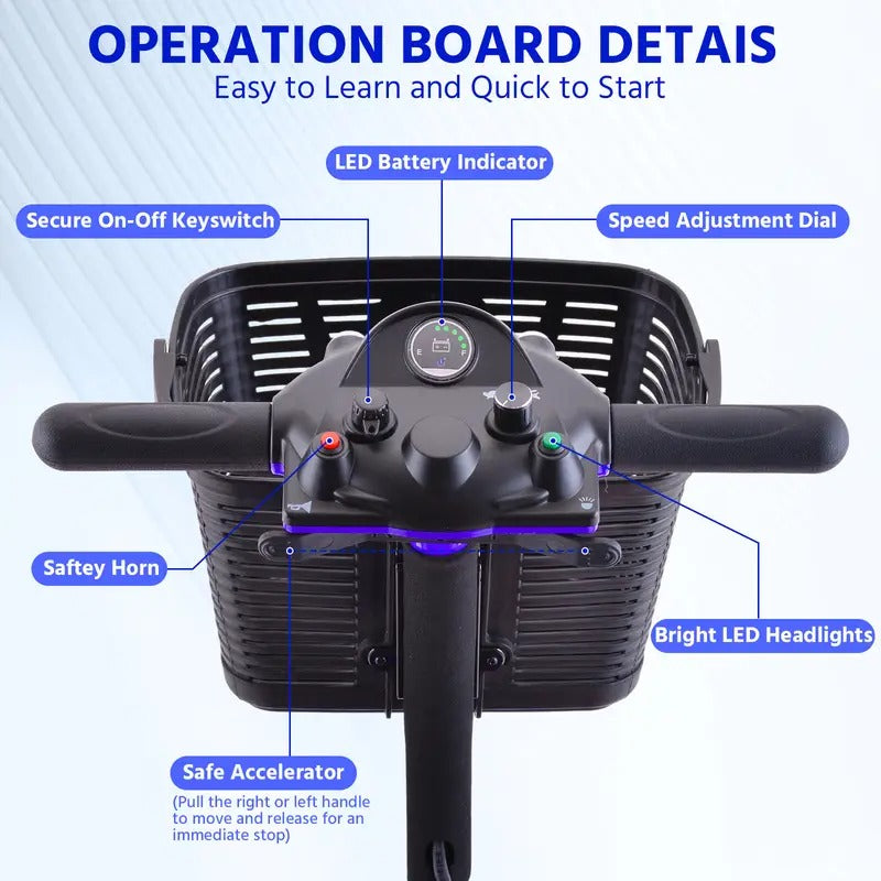 Folding 4 Wheel Electric Scooter - 250W Motor, 15.5 Mile Range, 8” Solid Tires, 265 Lbs Weight Capacity, Removable Basket, Front Light - Perfect Gift