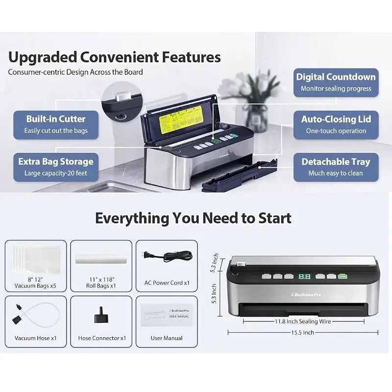 Beelicious 85000Pa 8-in-1 Vacuum Sealer Machine – Fully Automatic Food Sealer With Bag Storage, Built-in Cutter, Moist Mode, Air Suction Hose & Vacuum Bags Included | Digital Countdown | Sous Vide Ready
