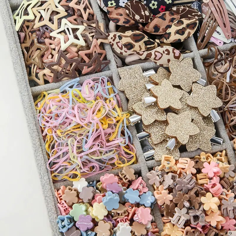 [Princess Hair Set] Women 852pcs Set Coffee Color Bow Star Simple Cute Princess Headdress Rubber Band Hair Ring Hairpin BB Clip Hair Grab Clip Hair Accessories Combination Set Daily Use Gift