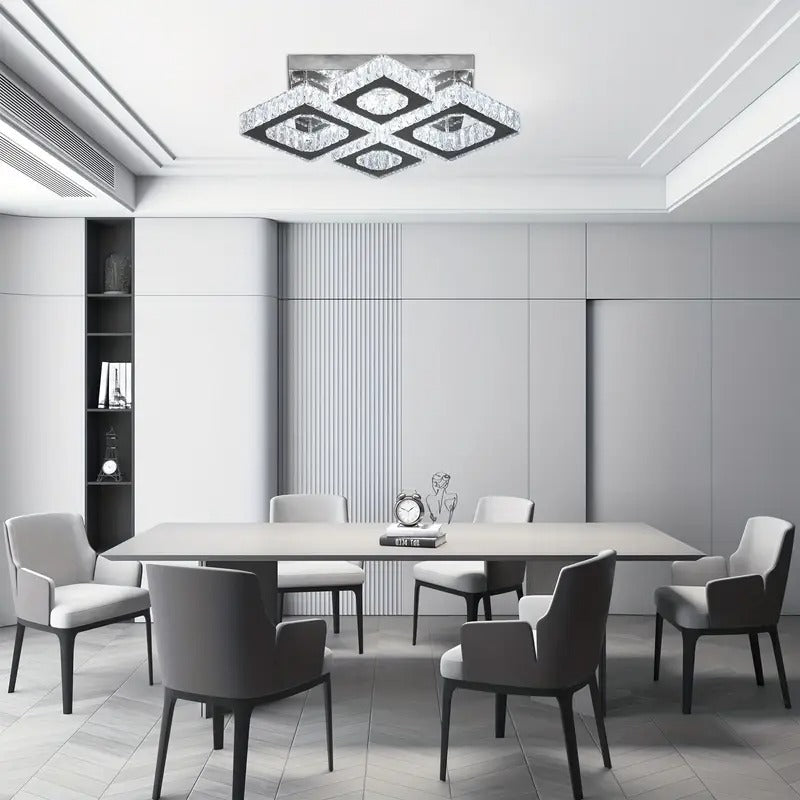 22" Modern Crystal Chandelier with Remote Control - 4-Light LED Flush Mount Ceiling Light, Polished Finish, Dimmable & Adjustable Brightness for Living Room, Bedroom, Kitchen,