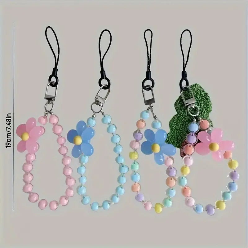 Five-piece Set Of Fashionable Macaron Color Bead Petal Mobile Phone Lanyard Style Handmade String Mobile Phone Chain Wristband