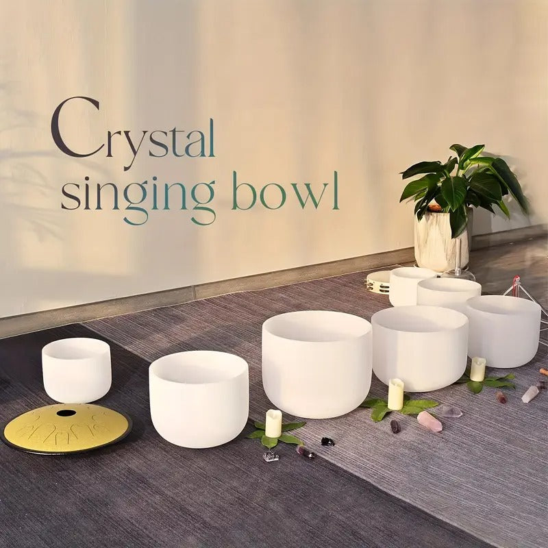 [Quartz Crystal] 432Hz 6"-12" Set Of 7 Chakra Frosted Quartz Crystal Singing Bowl Sound Bath Bags | Frosted Chakra Quartz Crystal Singing Bowls | For Bath Sound Bowls Meditation Set Yoga