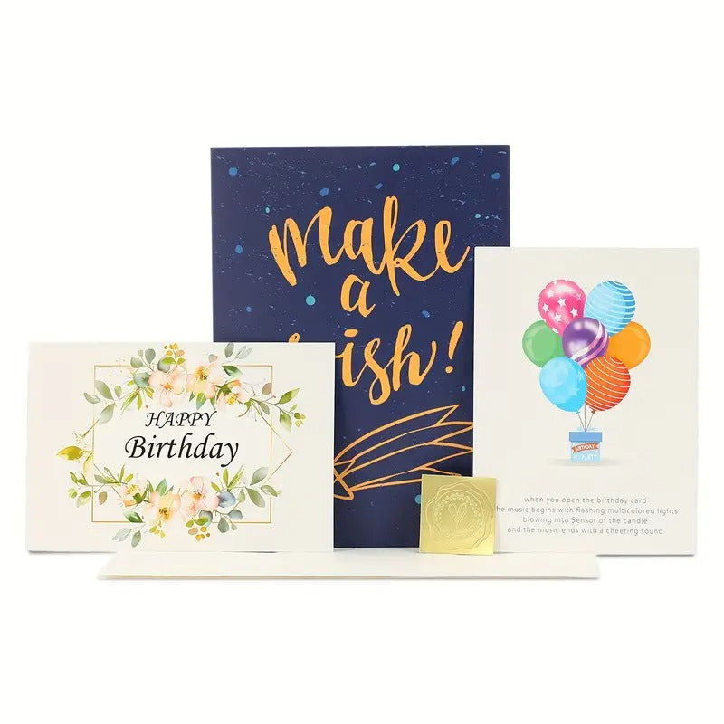 Firework Birthday Cards, Music & LED Lights 3D Pop Up Greeting Card with Blowable Birthday Cake, Comes with Digital DIY, Sticky Note And Envelope, for Lover, Family And Friend