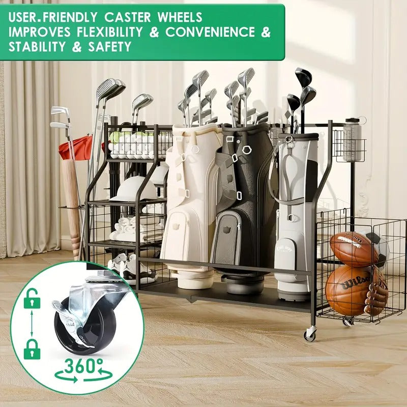 3-Golf Bag Storage Organizer with Wheels - Heavy-Duty Metal Frame, Mesh Pockets & Side Storage for Clubs, Shoes, Gloves - Black Garage/Golf Shop Organizer for Golf Enthusiasts,