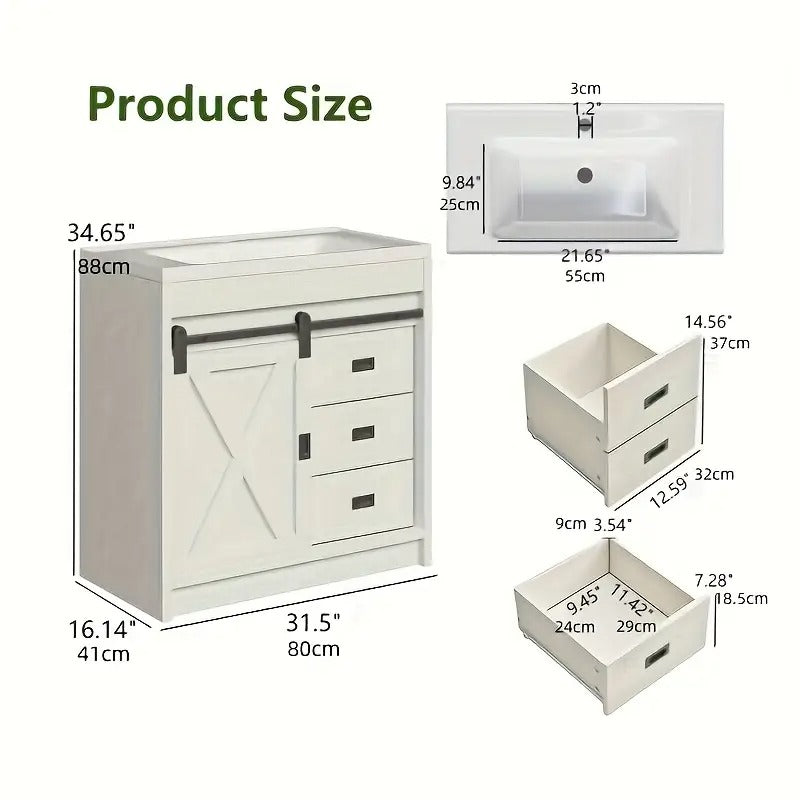 Farmhouse Bathroom Vanity With Sink, White Sliding Barn Door Bathroom Vanity Cabinet With Storage Drawers, Small Single Bath Storage Vanity Sink, Valentines Decorations For Home