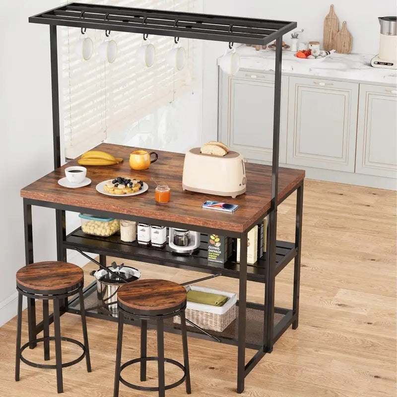 Kitchen Island, Bakers Rack, Island Table for Kitchen, 3 Tier Microwave Stand Oven Shelf with Storage, Large Coffee Bar Table, Storage Shelf for Kitchen Dining Room Living Room, 5 Hooks, 42"*28"*72"