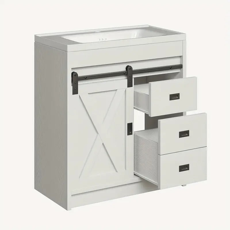 Farmhouse Bathroom Vanity With Sink, White Sliding Barn Door Bathroom Vanity Cabinet With Storage Drawers, Small Single Bath Storage Vanity Sink, Valentines Decorations For Home