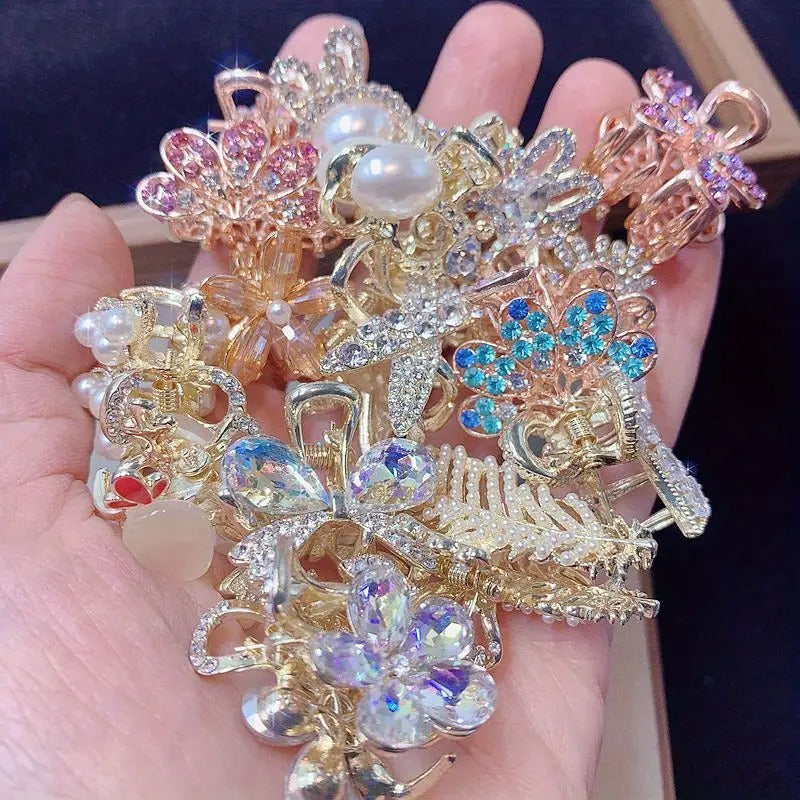 Random 10pcs Luxury Zirconia Women'S Bow Hair Accessories - Glamorous Flower Design Claw Clips, Colorful Non-Slip Grips, Elegant Hairpins for Styling and Weddings, Daily Wear, Hair
