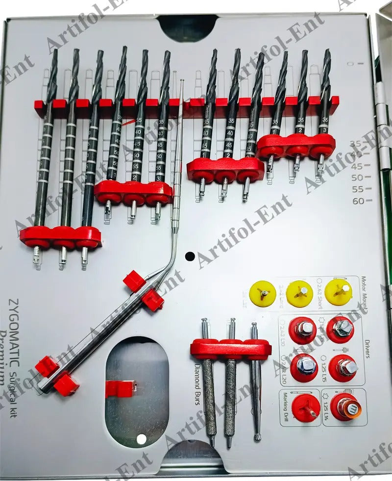 ARTIFOL 26 Pcs Implant Premium Zygomatic Set for Implant Socket Preparation Black Titanium Coated Step Drills with Depth Probe, Motor Mount, Drivers and Ratchet Wrench Zygo Kit ‎OS1055
