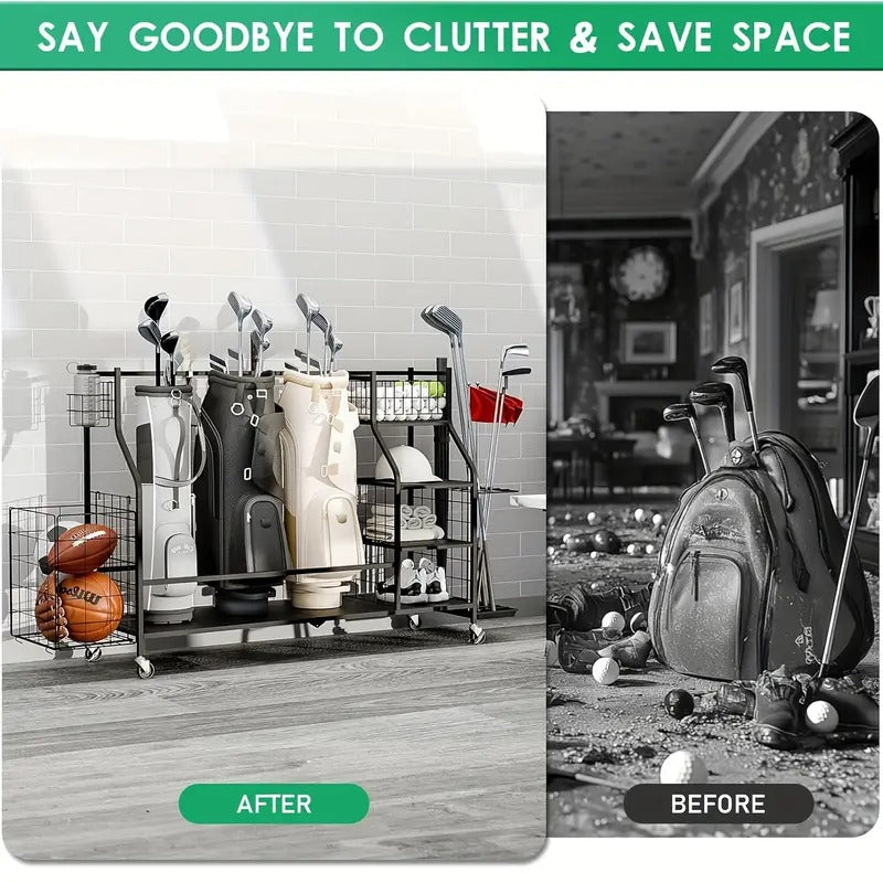 Golf Bag Storage Organizer, For 3 Golf Bags And Equipment Storage Rack With Wheels, Golf Bag Organizer With Side Storage For Golf Equipment Accessories