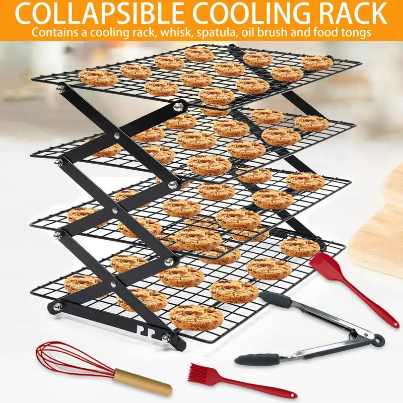 Four-layer Foldable Cooling Rack With Baking Tool Set - Stackable Oven Cookie Cake Drying Rack. BBQ Grill Mesh Tray For Camping, Kitchen Storage & Holiday Baking Gifts