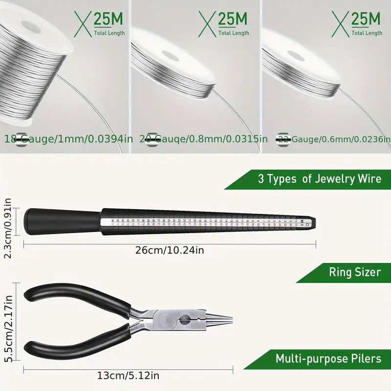[3 Rolls Craft Wire] 3 Rolls 18/20/22 Gauge Aluminum Craft Wire | Wire For Jewelry Making With Pliers & Ring Sizer | Silver, 1mm, 0.8mm, 0.6mm, 25m