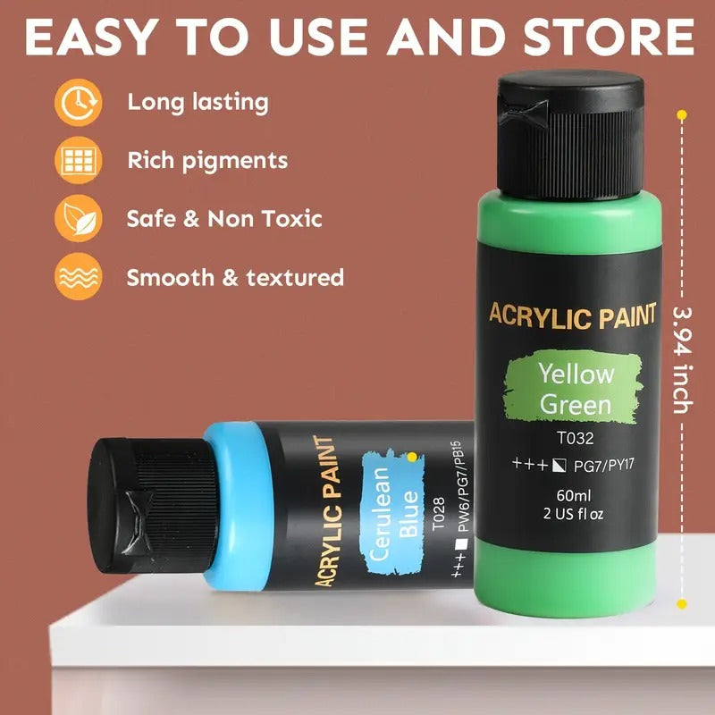 [High Pigment Artist Paint Set] 24 Bottle High Pigment Artist Paint Set with 12 Quality Brushes | Lasting Colors for Canvas Ceramic Fabric - Beginner to Pro Art Supplies (2oz Each)