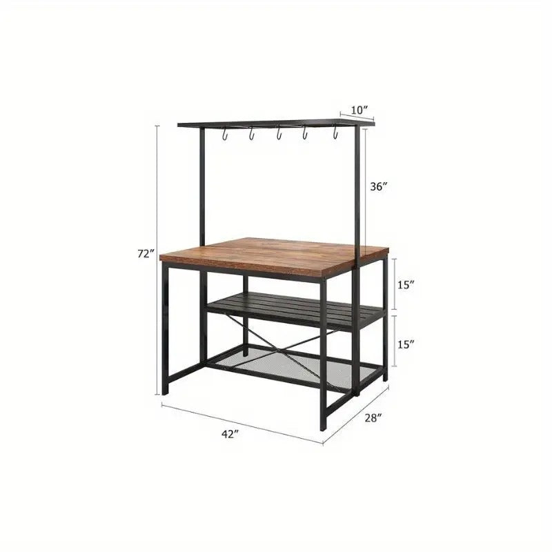 Kitchen Island, Bakers Rack, Island Table for Kitchen, 3 Tier Microwave Stand Oven Shelf with Storage, Large Coffee Bar Table, Storage Shelf for Kitchen Dining Room Living Room, 5 Hooks, 42"*28"*72"