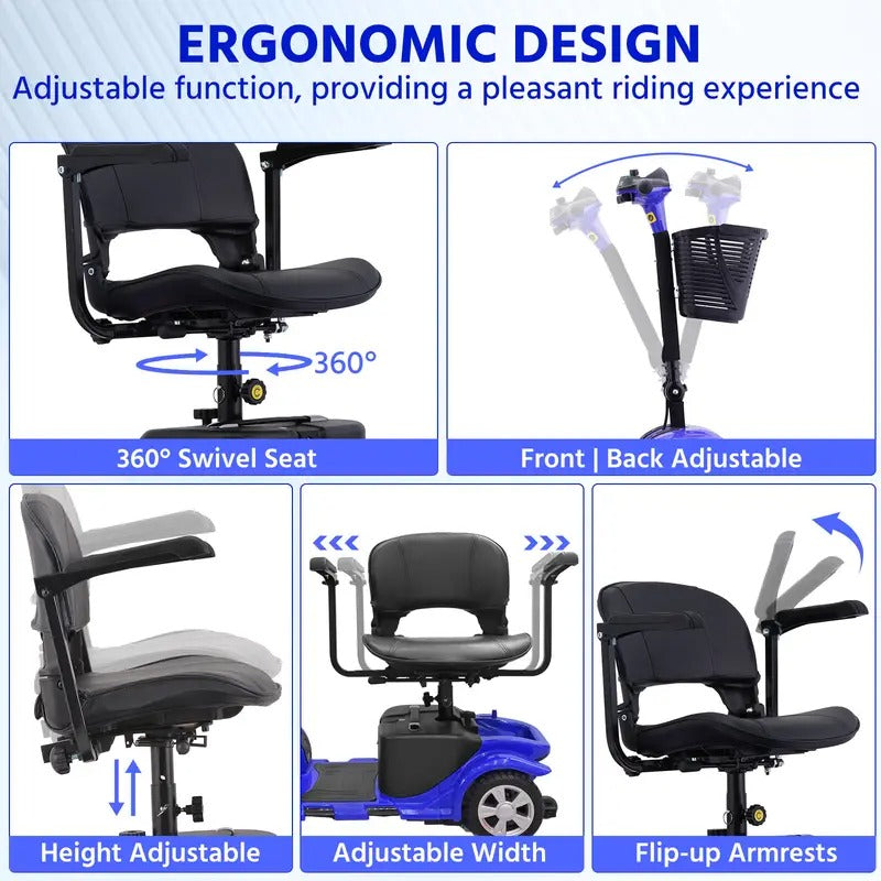 Folding 4 Wheel Electric Scooter - 250W Motor, 15.5 Mile Range, 8” Solid Tires, 265 Lbs Weight Capacity, Removable Basket, Front Light - Perfect Gift