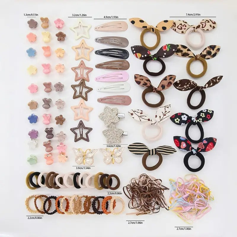 [Princess Hair Set] Women 852pcs Set Coffee Color Bow Star Simple Cute Princess Headdress Rubber Band Hair Ring Hairpin BB Clip Hair Grab Clip Hair Accessories Combination Set Daily Use Gift