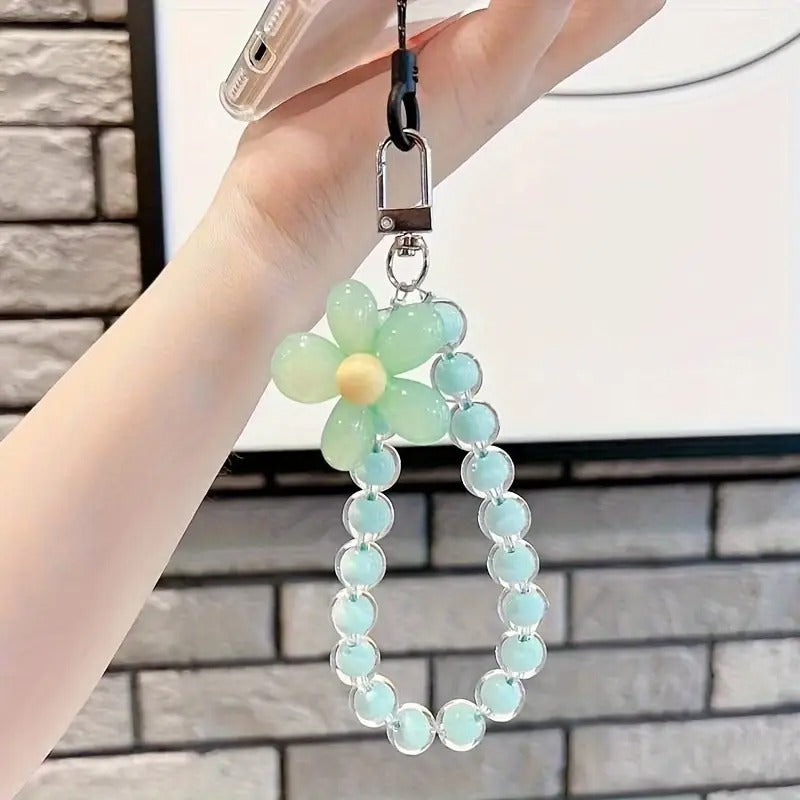 Five-piece Set Of Fashionable Macaron Color Bead Petal Mobile Phone Lanyard Style Handmade String Mobile Phone Chain Wristband