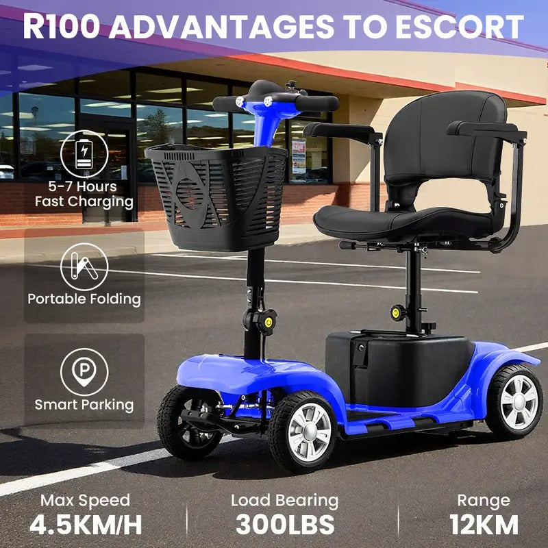 Comfortable & Convenient 10 Miles Long Range 4 Wheel Electric Mobility Scooter w/180W Motor for Seniors, Assemble Required, Up to 300Lbs Capacity, BLUE with Baskets