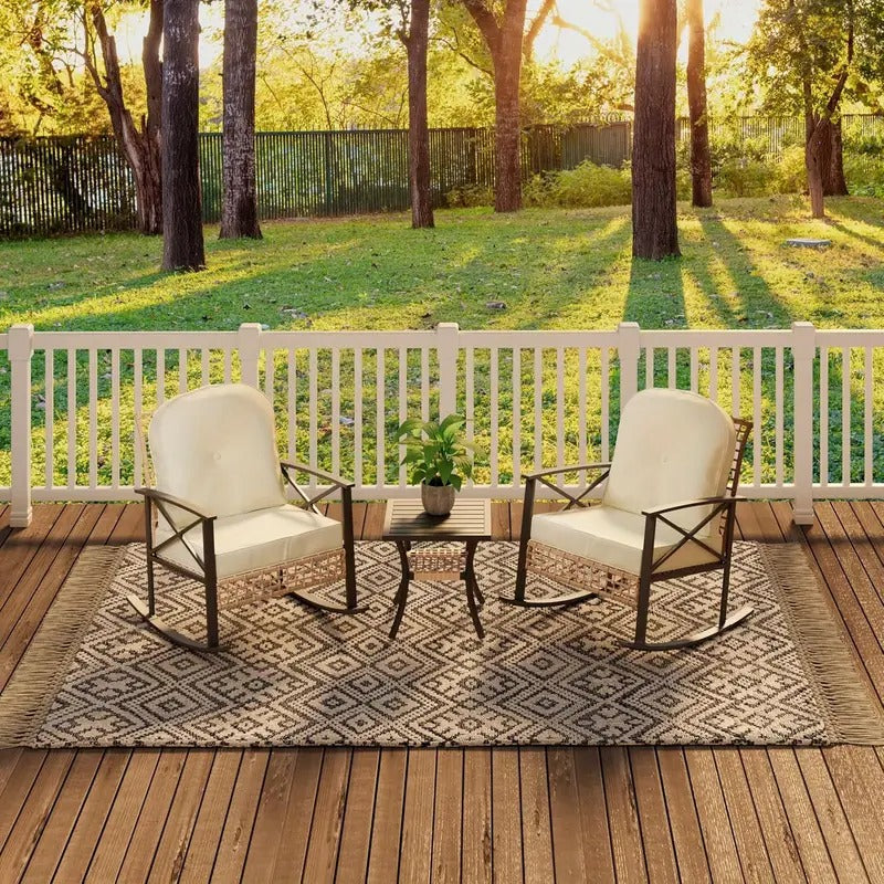3pcs Patio Rattan Conversation Set, Outdoor Rocking Bistro Set, Wicker Patio Furniture with Thick Cushions Rocker Chair and 2-Tier Coffee Table for Garden, Porch, Backyard