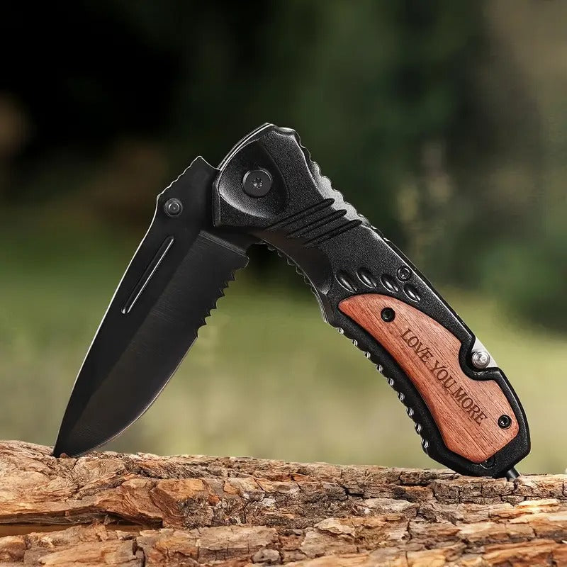 [Valentine's Pocket Knife] LOVE YOU MORE Engraved Pocket Knife | Ambidextrous EDC Knife, Serrated Edge & Clip, Durable Compact Camping/Hiking/Emergency Tool | Valentine's Gift