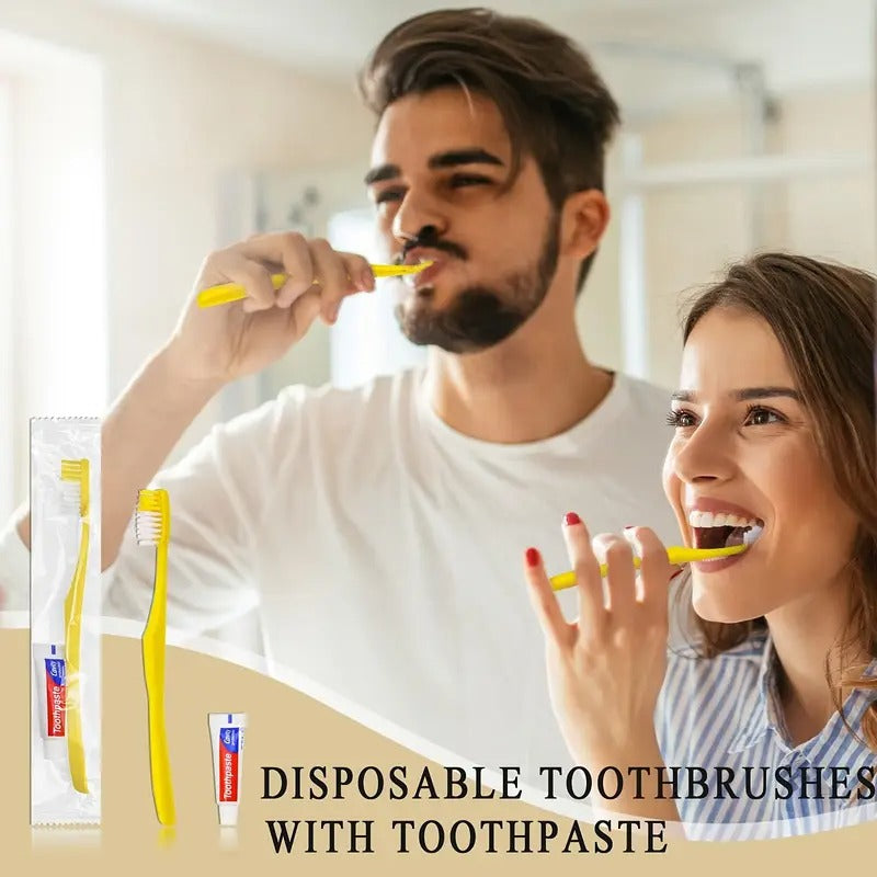 Disposable Toothbrushes with Toothpaste, 200 Pack Yellow Hollow Individually Wrapped Disposable Travel Toothbrushes Kit in Bulk for Homeless, Nursing Home, Hotel, Charity