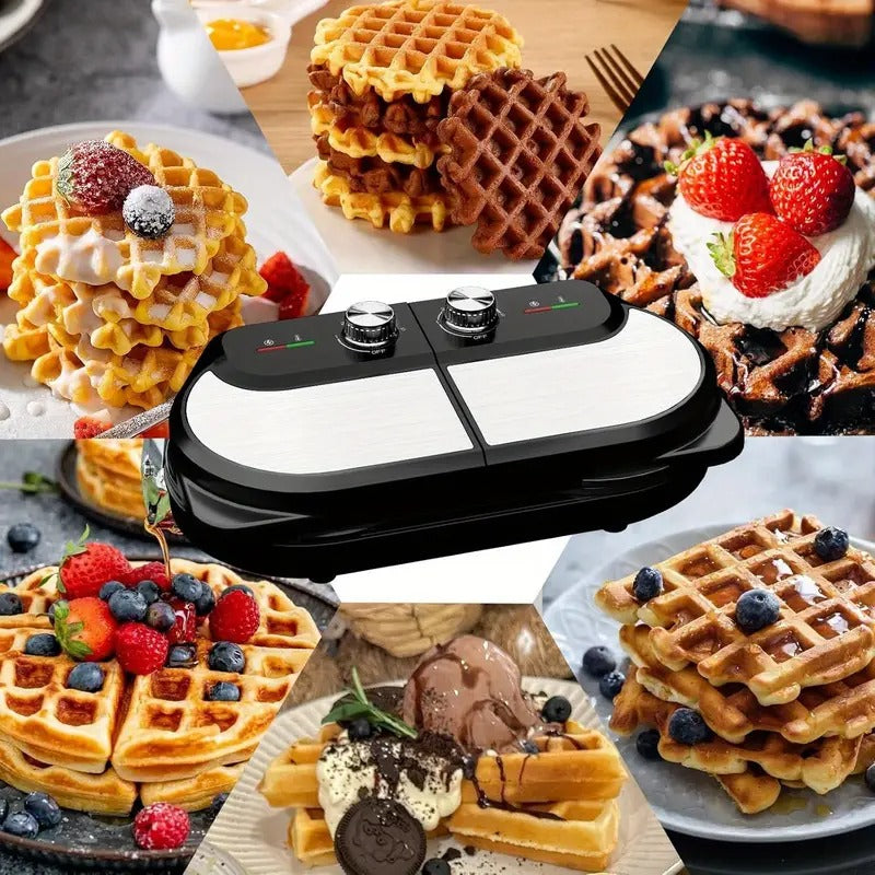 Double Waffle Maker 6 Inch, 1400W Belgian Waffle Maker for Breakfast and Snacks, Stainless Steel Waffle Iron with Nonstick Plates, Temperature Knob, Cool-Touch Handles