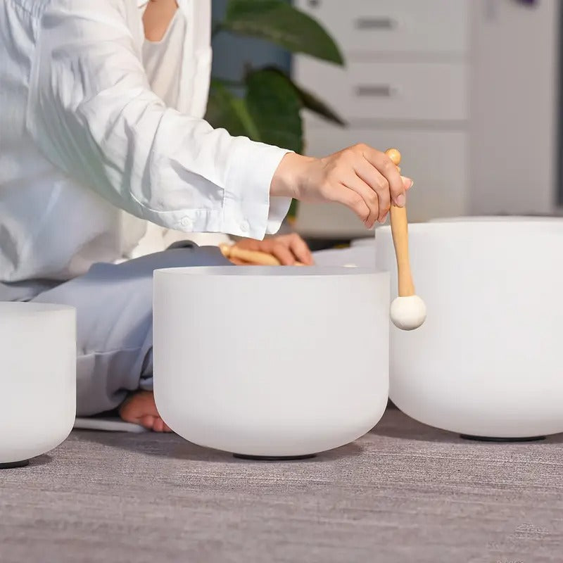 [Quartz Crystal] 432Hz 6"-12" Set Of 7 Chakra Frosted Quartz Crystal Singing Bowl Sound Bath Bags | Frosted Chakra Quartz Crystal Singing Bowls | For Bath Sound Bowls Meditation Set Yoga