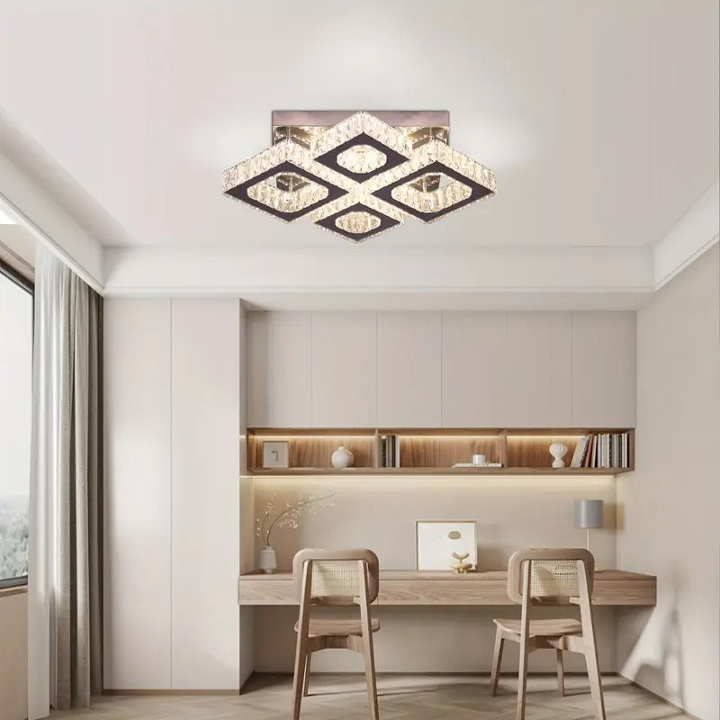 22" Modern Crystal Chandelier with Remote Control - 4-Light LED Flush Mount Ceiling Light, Polished Finish, Dimmable & Adjustable Brightness for Living Room, Bedroom, Kitchen,