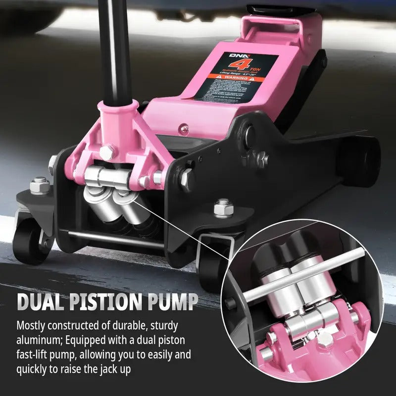 DNA Motoring Floor Jack 4 Ton (8000 lbs) Capacity, Fast Lift Low Profile Hydraulic Trolley Jack, Steel Heavy-Duty Service Car Jack, Lifting Range 4.5"-20", Pink