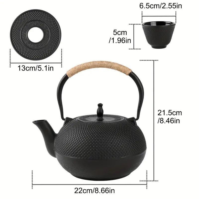 60oz Japanese Cast Iron Pot Tea Set - Black Color Teapot with Infuser and Trivet for Loose Tea Adults, Best for Christmas