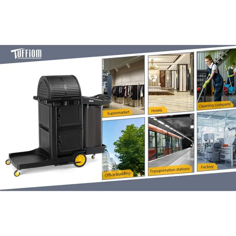 Industrial Service Cart w/Locking Cabinet - Heavy Duty 3-Tier Utility Cart on Wheels for Hotel, Hospital, Janitorial & Facility