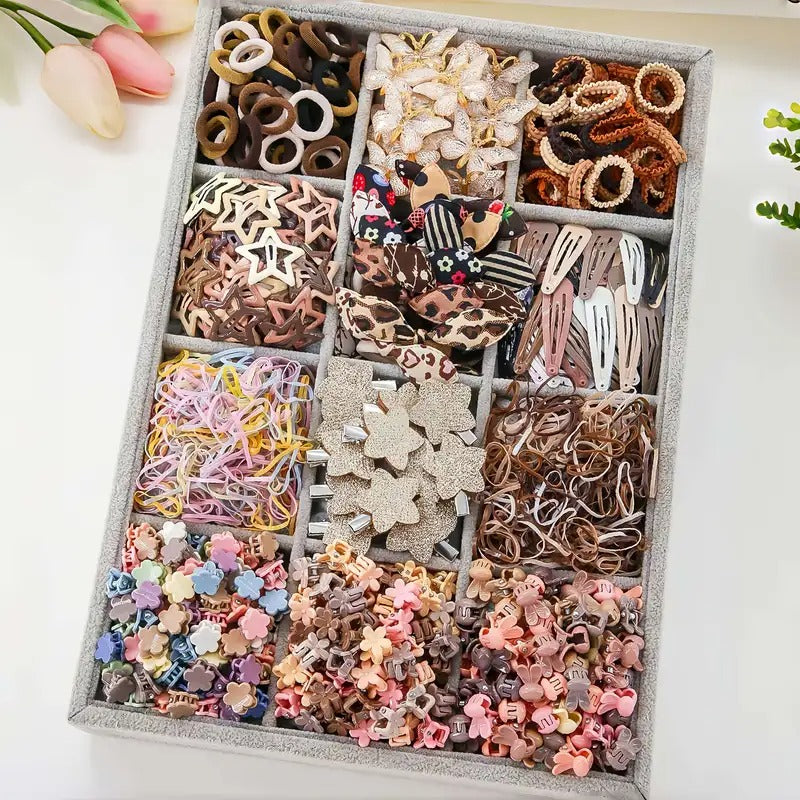 [Princess Hair Set] Women 852pcs Set Coffee Color Bow Star Simple Cute Princess Headdress Rubber Band Hair Ring Hairpin BB Clip Hair Grab Clip Hair Accessories Combination Set Daily Use Gift