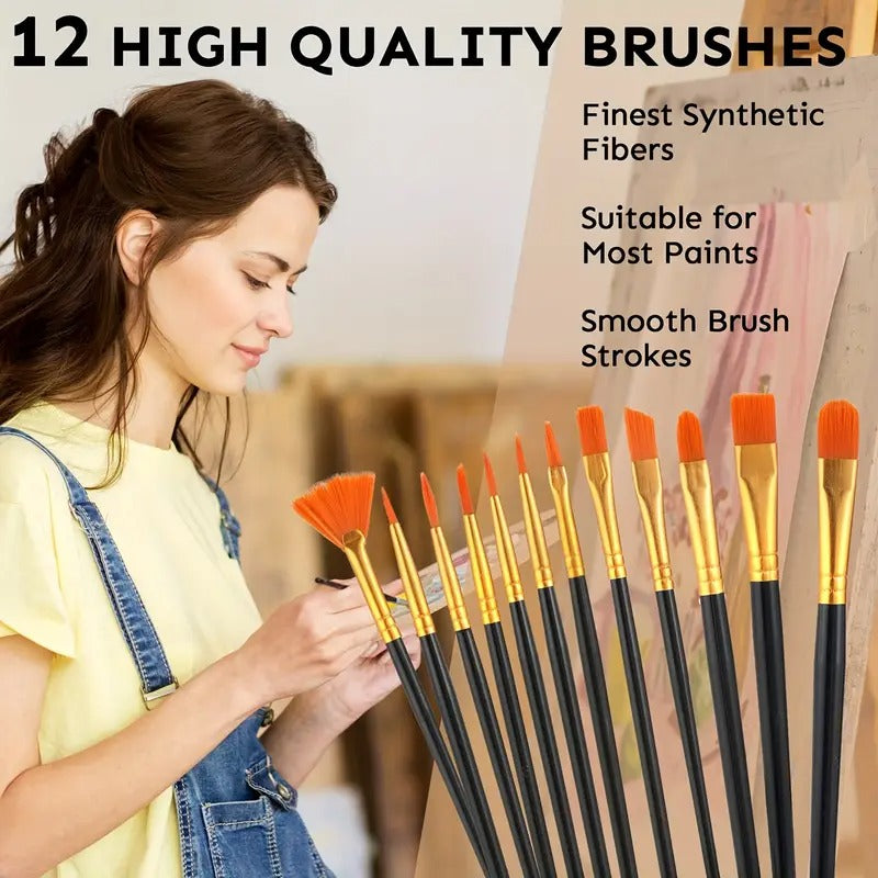 [High Pigment Artist Paint Set] 24 Bottle High Pigment Artist Paint Set with 12 Quality Brushes | Lasting Colors for Canvas Ceramic Fabric - Beginner to Pro Art Supplies (2oz Each)