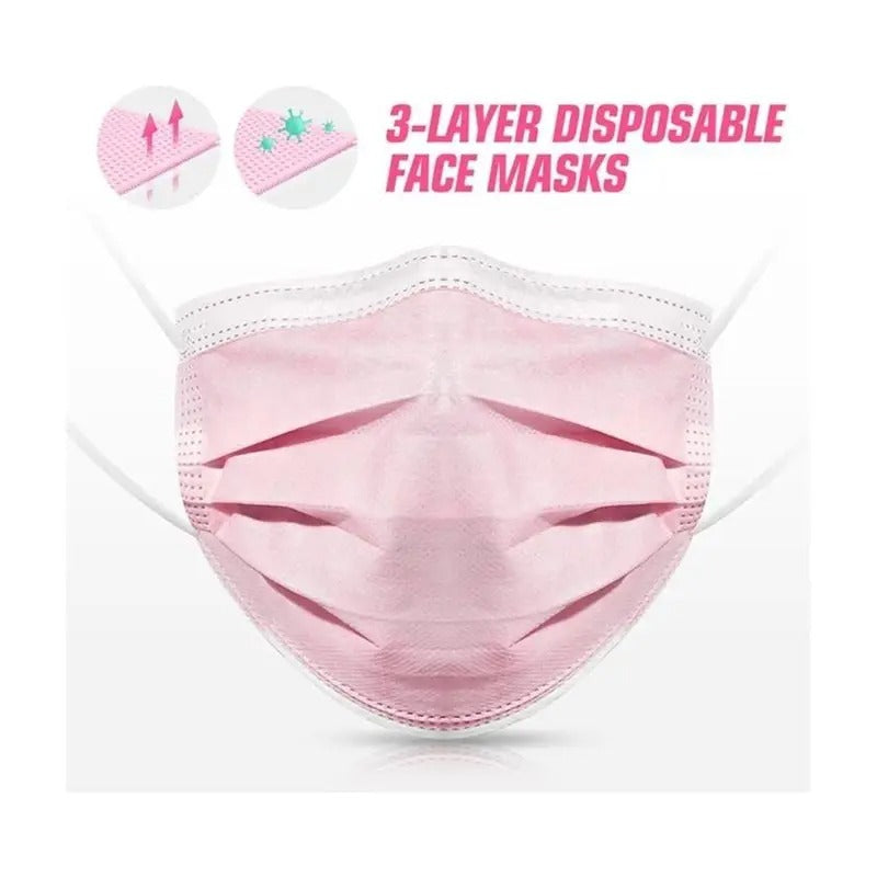 100Pcs Pink Disposable Face 3-Ply Filter Breathable Earloop Masks