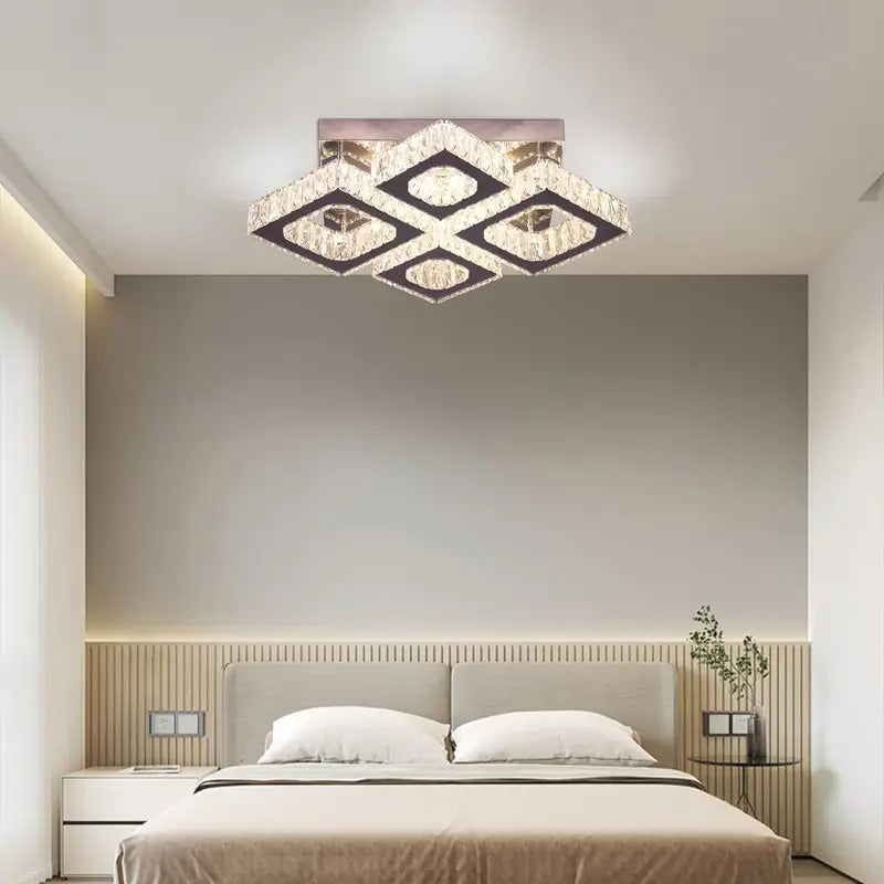 22" Modern Crystal Chandelier with Remote Control - 4-Light LED Flush Mount Ceiling Light, Polished Finish, Dimmable & Adjustable Brightness for Living Room, Bedroom, Kitchen,