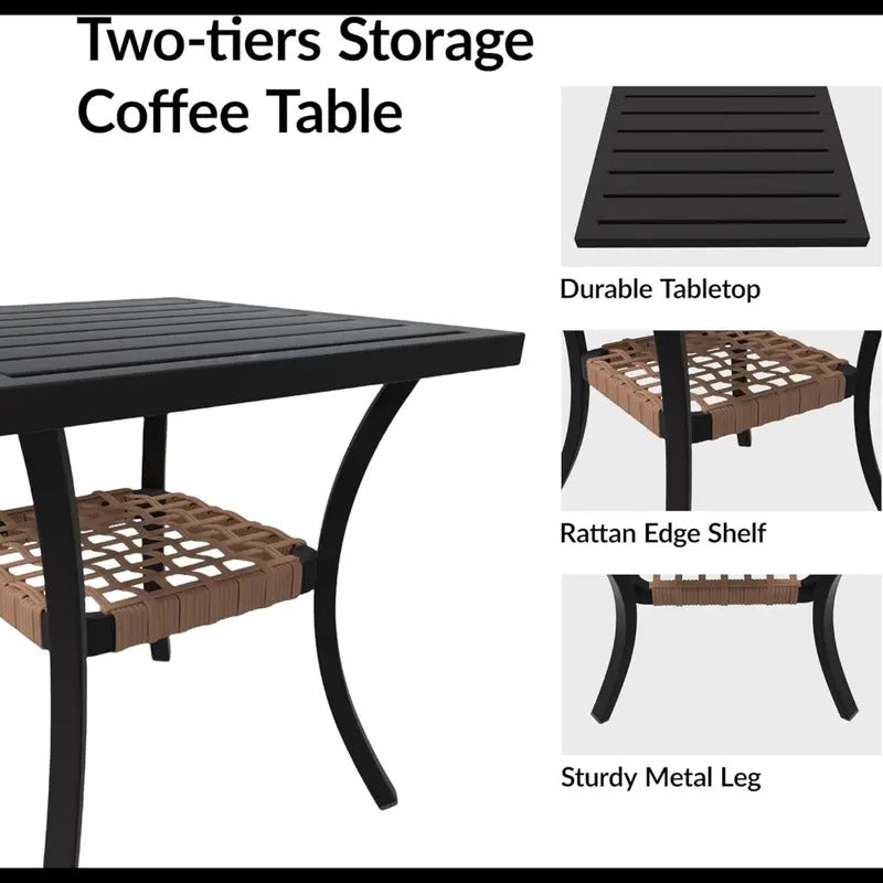 3pcs Patio Rattan Conversation Set, Outdoor Rocking Bistro Set, Wicker Patio Furniture with Thick Cushions Rocker Chair and 2-Tier Coffee Table for Garden, Porch, Backyard