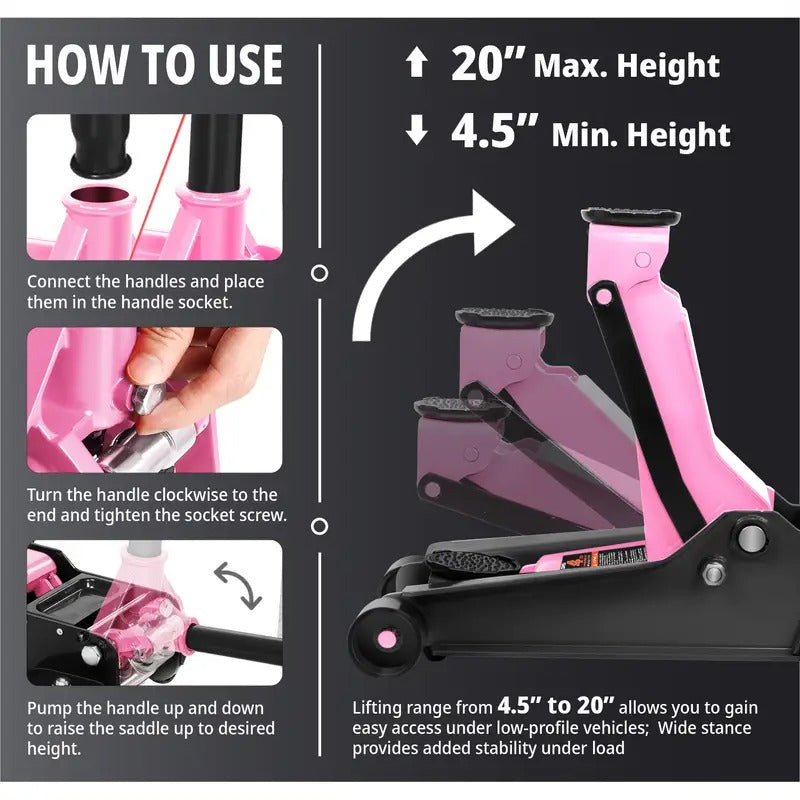 DNA Motoring Floor Jack 4 Ton (8000 lbs) Capacity, Fast Lift Low Profile Hydraulic Trolley Jack, Steel Heavy-Duty Service Car Jack, Lifting Range 4.5"-20", Pink