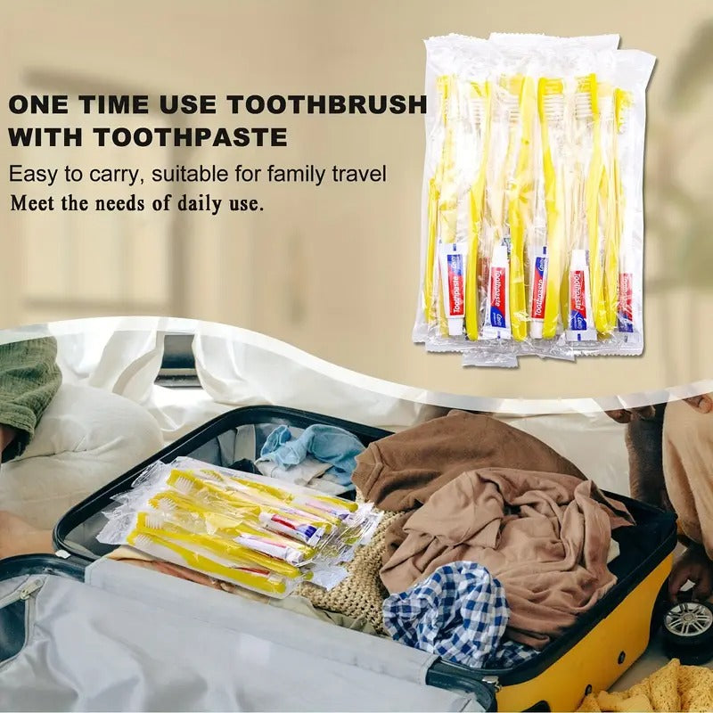 Disposable Toothbrushes with Toothpaste, 200 Pack Yellow Hollow Individually Wrapped Disposable Travel Toothbrushes Kit in Bulk for Homeless, Nursing Home, Hotel, Charity