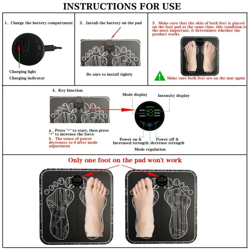 Portable EMS Foot Massage Pad, TENS Therapy Machine, Massager, One Reusable Foot Massage Pad With Multiple Mode Adjustment, Mother'S Day, Father'S Day, - Black