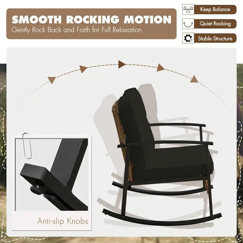 3pcs Outdoor Wicker Rocking Bistro Set, Patio Furniture with Coffee Table & Thick Cushions, 2 Rattan Rocking Chairs for Porch, Garden, Balcony, Backyard, Black