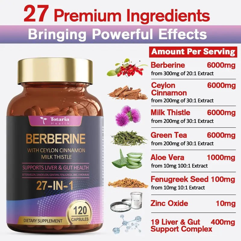 27-in-1 Berberine Supplement with Ceylon Cinnamon, Milk Thistle - Pure Berberine 6000mg - Berberine Plus for Immune,Liver & Gut Health, Supplements for Men & Women - 120 Caps