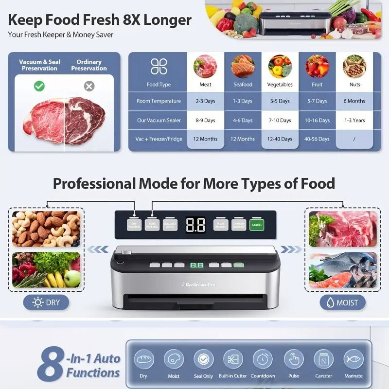 Beelicious 85000Pa 8-in-1 Vacuum Sealer Machine – Fully Automatic Food Sealer With Bag Storage, Built-in Cutter, Moist Mode, Air Suction Hose & Vacuum Bags Included | Digital Countdown | Sous Vide Ready