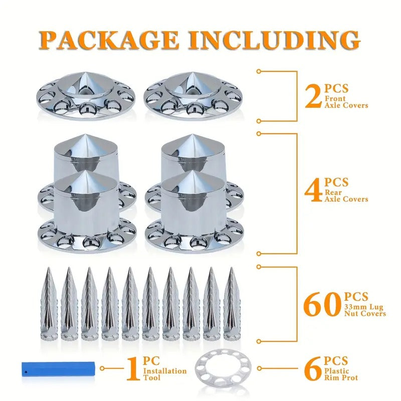 Chrome Front And Rear Axle Complete Wheel Cover Set 33mm Screw-on Lug Nut Covers For Semi Trucks (Installation Tool Included) Standart Hub Caps Kit