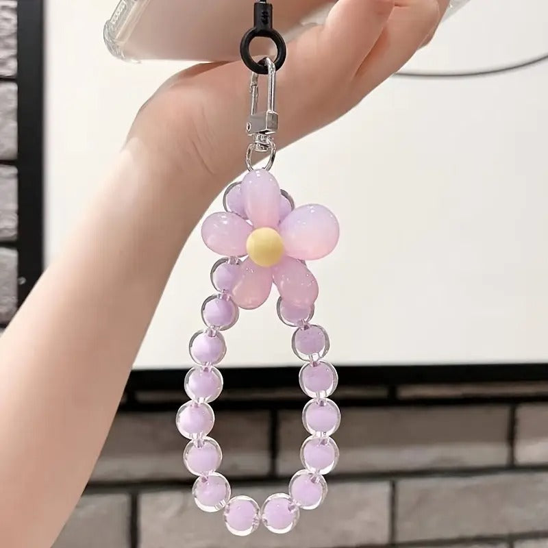 Five-piece Set Of Fashionable Macaron Color Bead Petal Mobile Phone Lanyard Style Handmade String Mobile Phone Chain Wristband