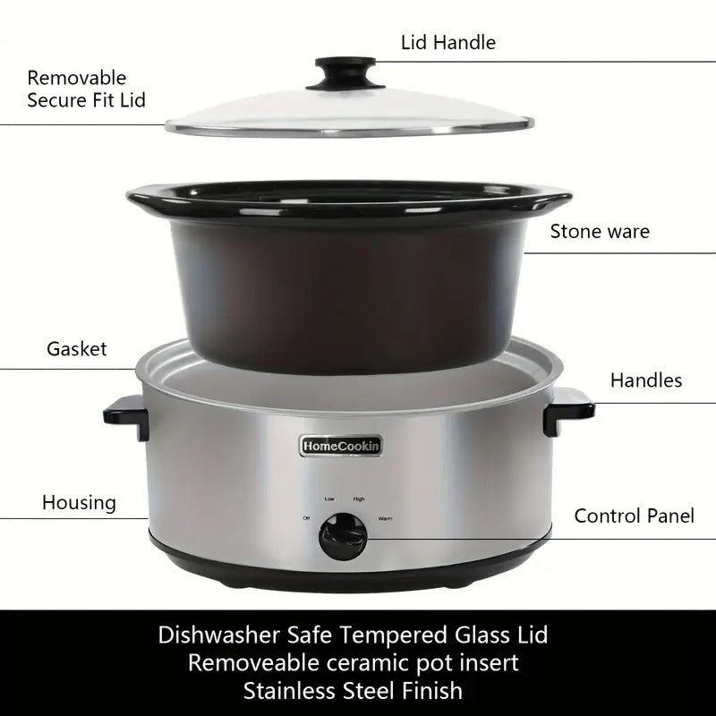 1pc 7 Quart Slow Cooker Oval Manual Pot with 3 Cooking Settings for Holiday Feast, Family Dinner, Stainless Steel Fashion Style
