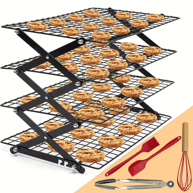 Four-layer Foldable Cooling Rack With Baking Tool Set - Stackable Oven Cookie Cake Drying Rack. BBQ Grill Mesh Tray For Camping, Kitchen Storage & Holiday Baking Gifts