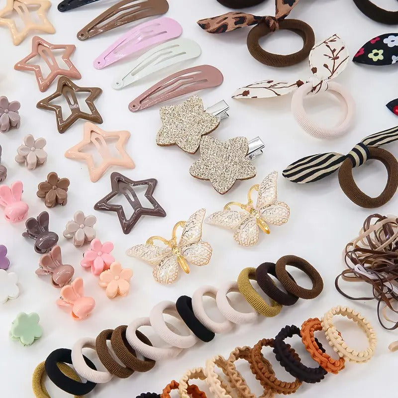 [Princess Hair Set] Women 852pcs Set Coffee Color Bow Star Simple Cute Princess Headdress Rubber Band Hair Ring Hairpin BB Clip Hair Grab Clip Hair Accessories Combination Set Daily Use Gift
