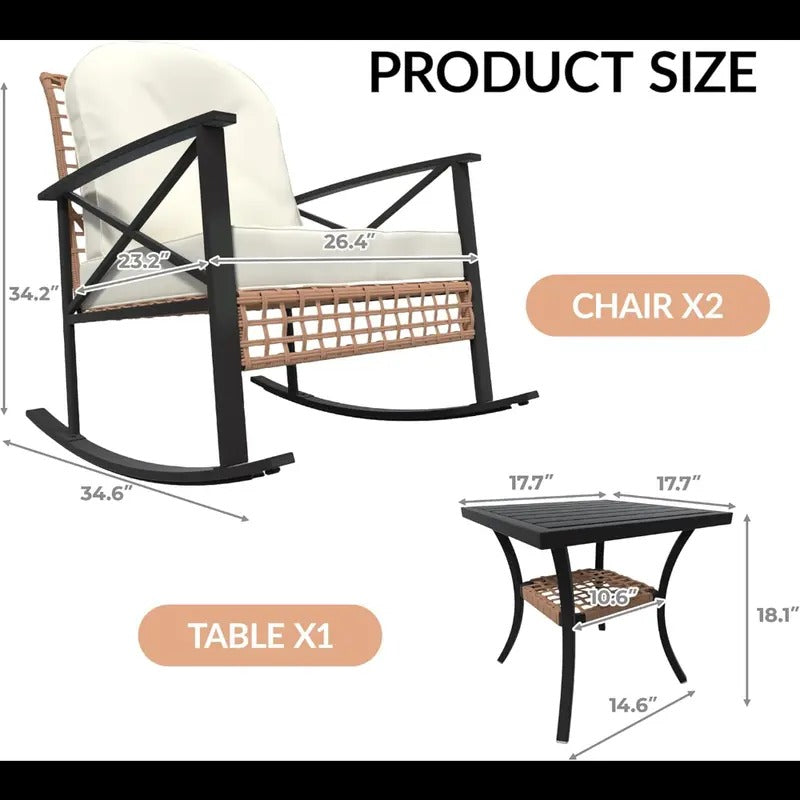 3pcs Patio Rattan Conversation Set, Outdoor Rocking Bistro Set, Wicker Patio Furniture with Thick Cushions Rocker Chair and 2-Tier Coffee Table for Garden, Porch, Backyard