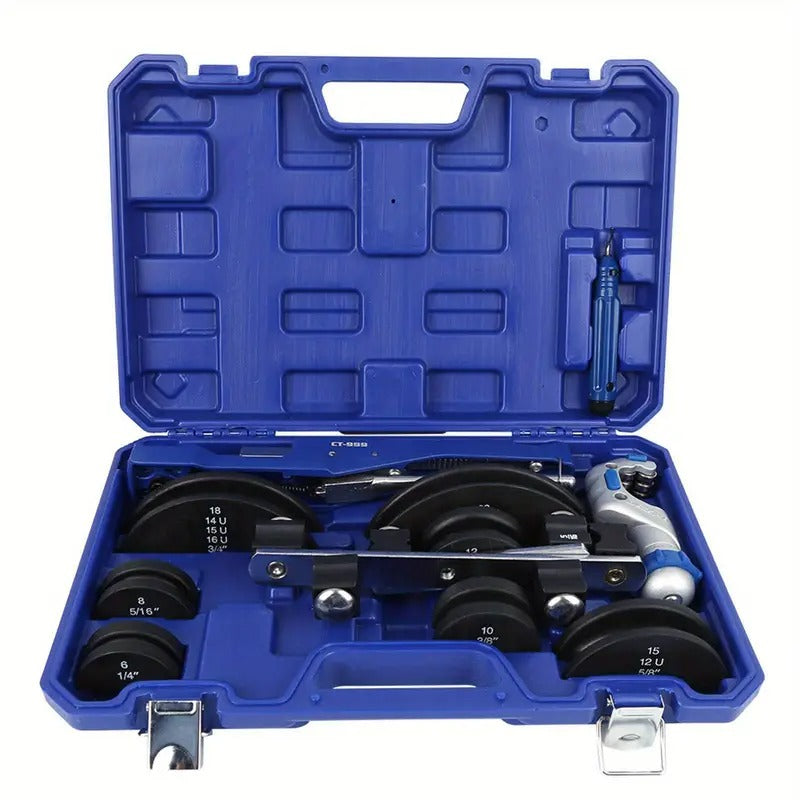 Pipe Tube Bender, 1/4" to 7/8" OD Manual Pipe Tube Bender with 7 Bending Dies, 180° Copper Aluminum Pipes Bending Tools Bending Machine Pipe Cutter Mechanical Ratchet Bow‑Type with Fiber Wheel