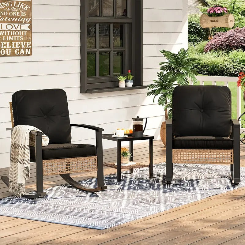 3pcs Outdoor Wicker Rocking Bistro Set, Patio Furniture with Coffee Table & Thick Cushions, 2 Rattan Rocking Chairs for Porch, Garden, Balcony, Backyard, Black